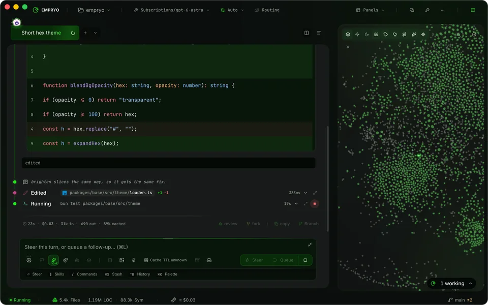 Empryo desktop app in a chat where the agent finds and fixes a colour bug, with the change shown as a diff and the Genome map docked beside the chat, in the Empryo theme, dark mode.