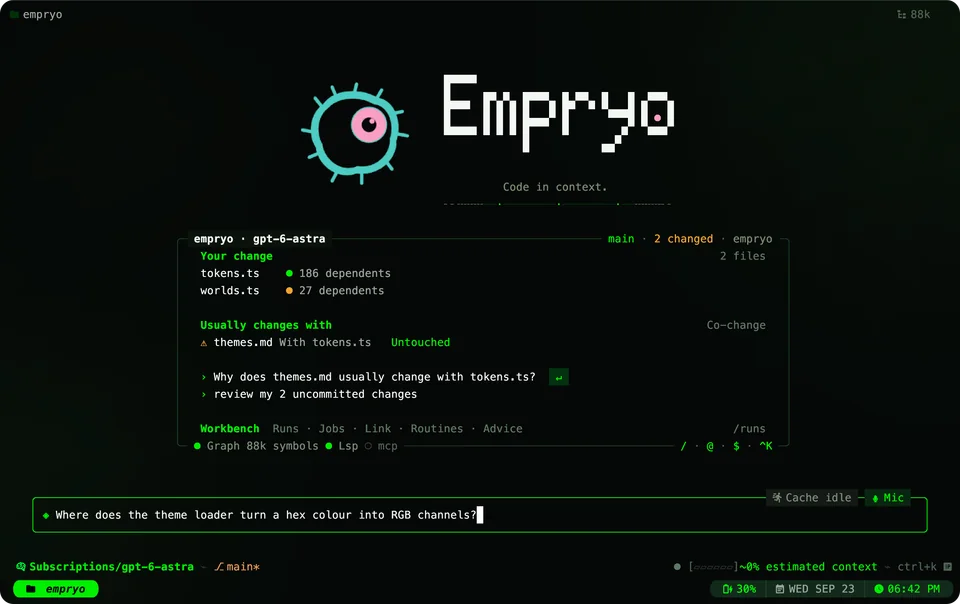 Empryo in kitty on its home screen, showing the change in progress, how many files depend on it and the file that usually changes with it, with GPT-6 Astra selected, in the Empryo theme, dark mode.